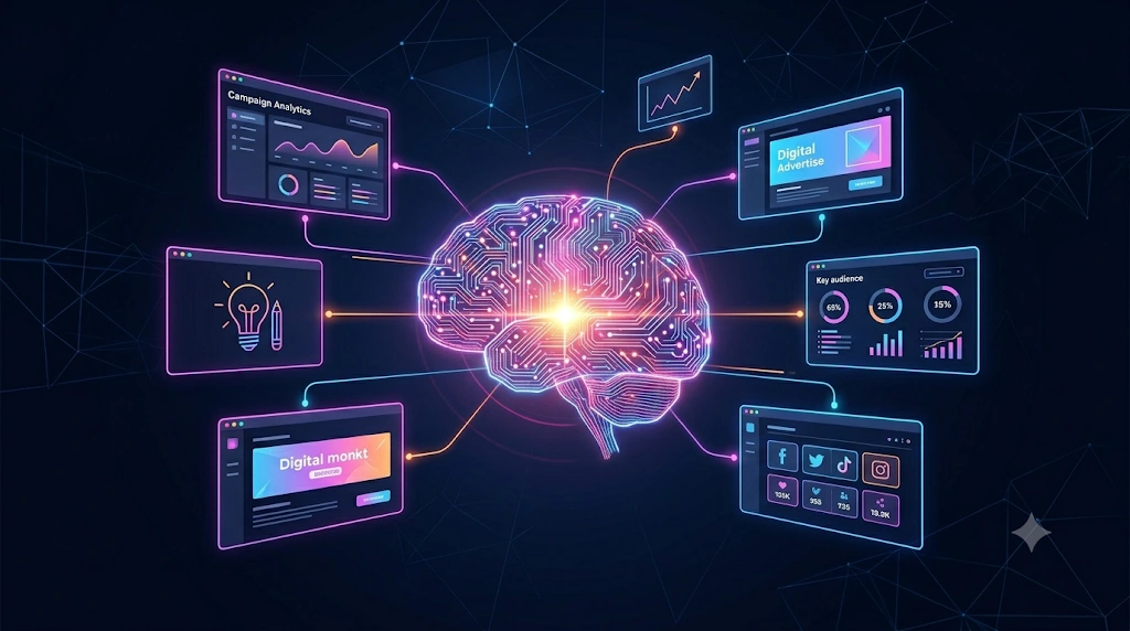 Cerebro digital que conecta ideas, creatividad y análisis de campañas