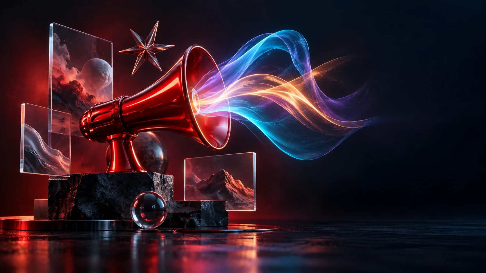 Megáfono rojo que proyecta trazos de luz y composiciones visuales, símbolo de publicidad creativa